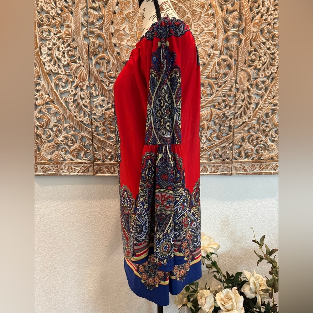 Urban Mangoz Red & Blue Medallion Relaxed Fit Cool Wrinkle Free Mini Dress- M - Picture 9 of 12